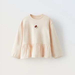 ZARA Kids, Ecru, contrasting embroidered flower shirt, 2-3 years